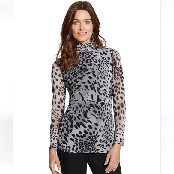 Chicos Soft Leopard Leo Turtleneck Mesh Sleeves Chicos Size 2 US Size L - Picture 1 of 7